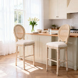 French Country 30" Bar Stools Set of 2 Beige Rattan Linen