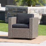 Outdoor Swivel Club Chair Wicker Iron Black Gray Cushion