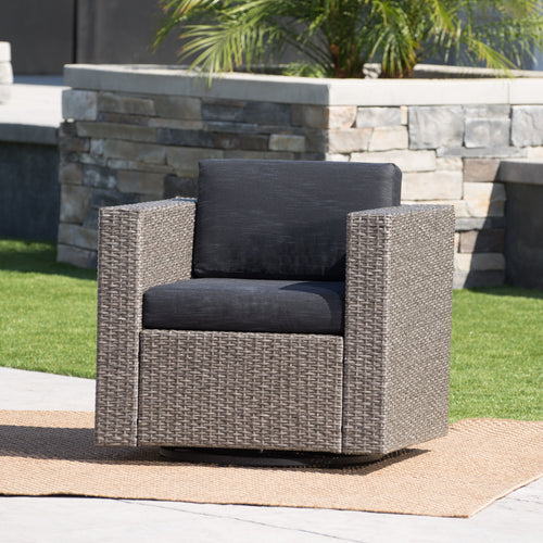 Outdoor Swivel Club Chair Wicker Iron Black Gray Cushion