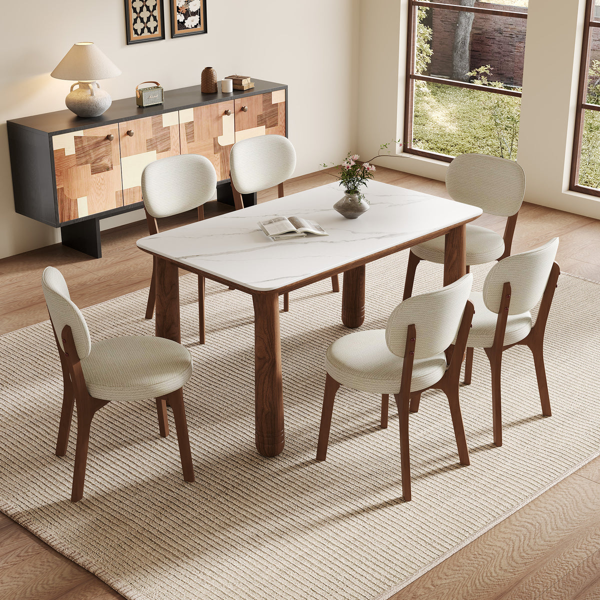 Stone Dining Table White/Walnut