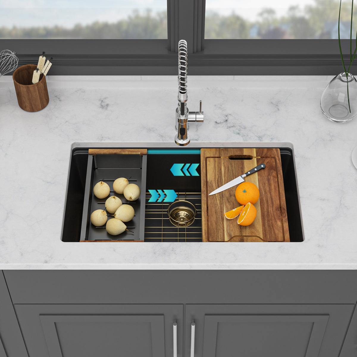 Quartz Kitchen Sink - 33" x 19" x 9.65" Black Granite Composite Workstation