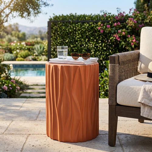 Terracotta Wave Textured MGO Cylindrical Side Table Stool