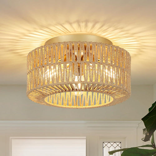 Boho Rattan 3-Light Flush Mount Ceiling Fixture