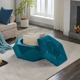 Elegant Velvet Polygon Diamond Tufted Storage Ottoman, Multi-Functional Footrest and Seating Solution for Home, Comfortable and Practical Storage for Living Room and Bedroom, Blue