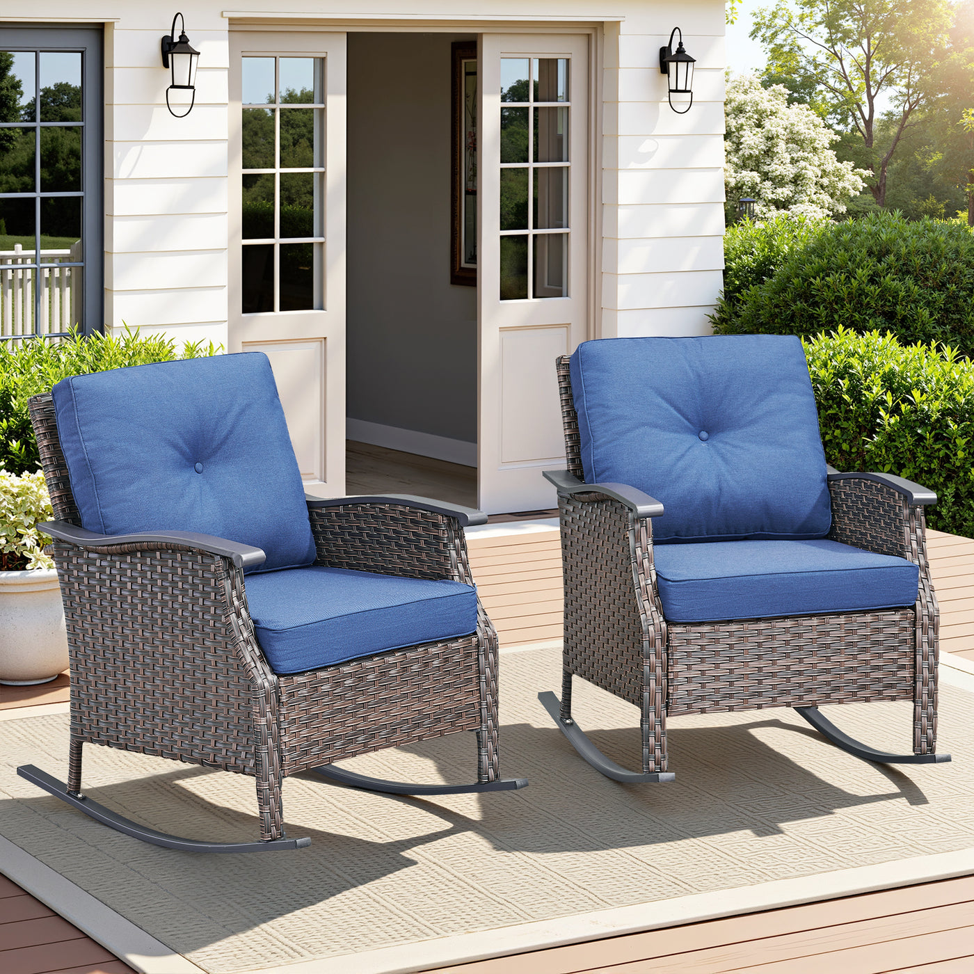 Outdoor Gliding Wicker Chairs Set of 2 PE Rattan Blue Cushions