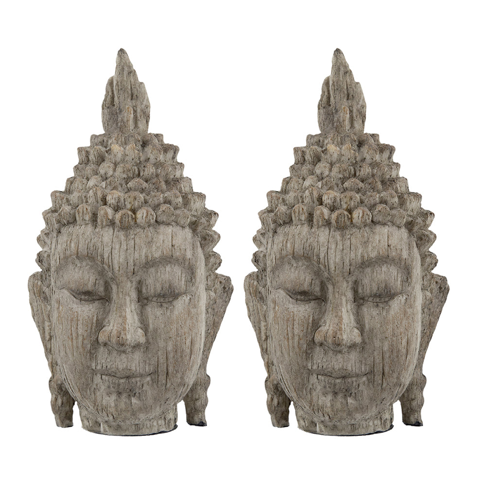 Set of 2 Meditating Buddha Head Sculpture 8" Tall Decor
