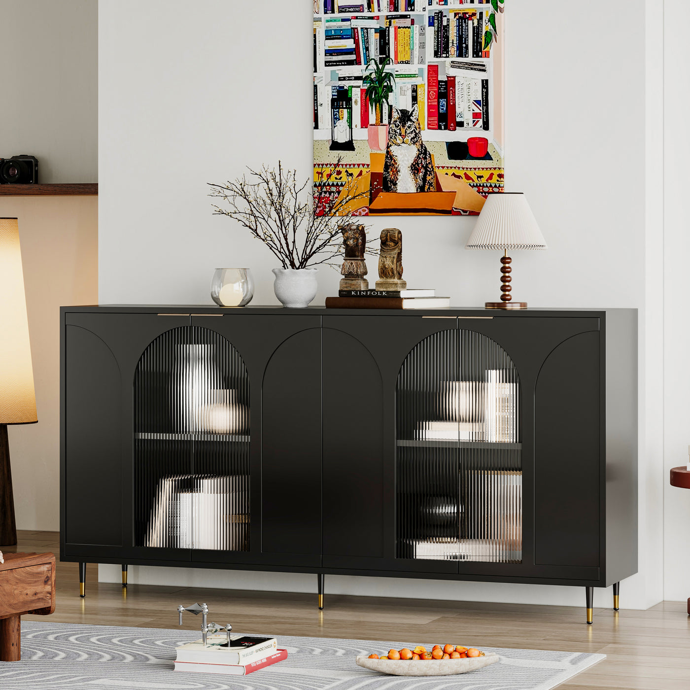 Black Lacquered Glass Door Sideboard Cabinet