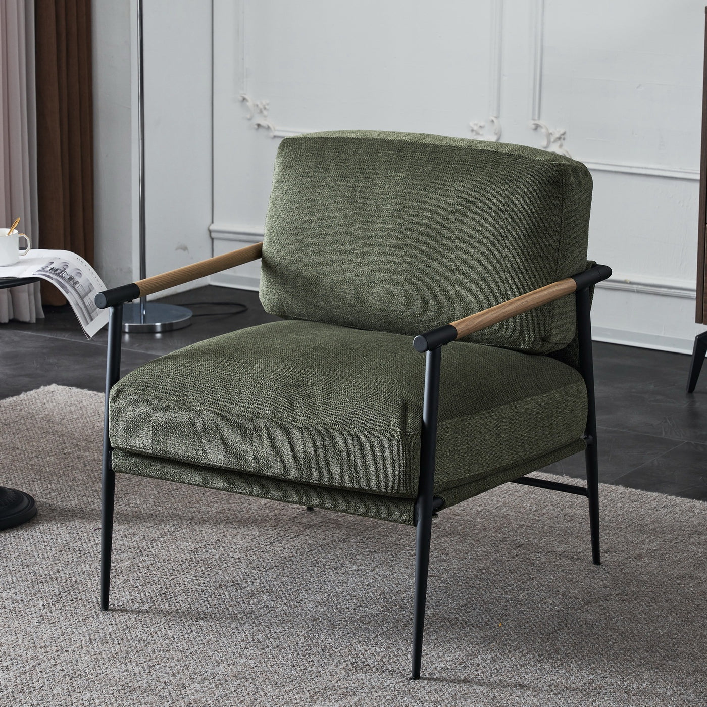 Lounge Chair Contemporary Fabric Green Solid Wood Frame 29 In