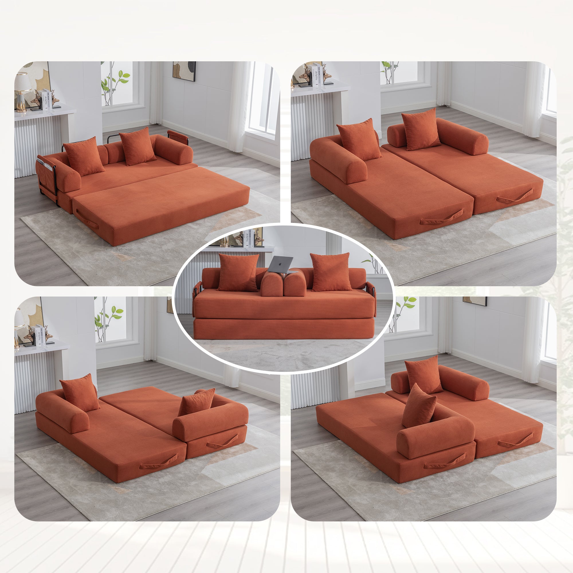 Foldable Corduroy 2 Seater Sofa With Metal Frame For Small Spaces Orange