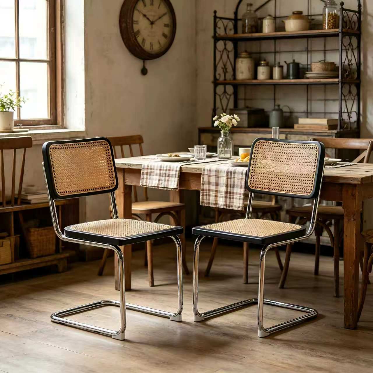 Mid Century Modern Rattan Dining Chairs, Set of 2, Chrome Legs