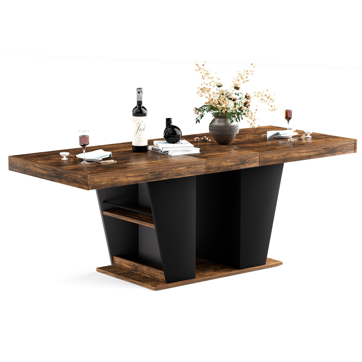 Engineered Wood Dining Table with Storage Black/Rustic Brown 44"
