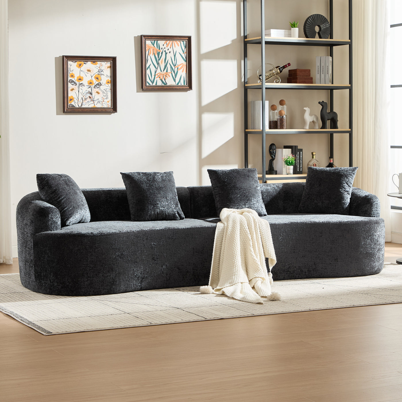 Curved Loveseat Chenille Sofa with Pillows, Deep Seat