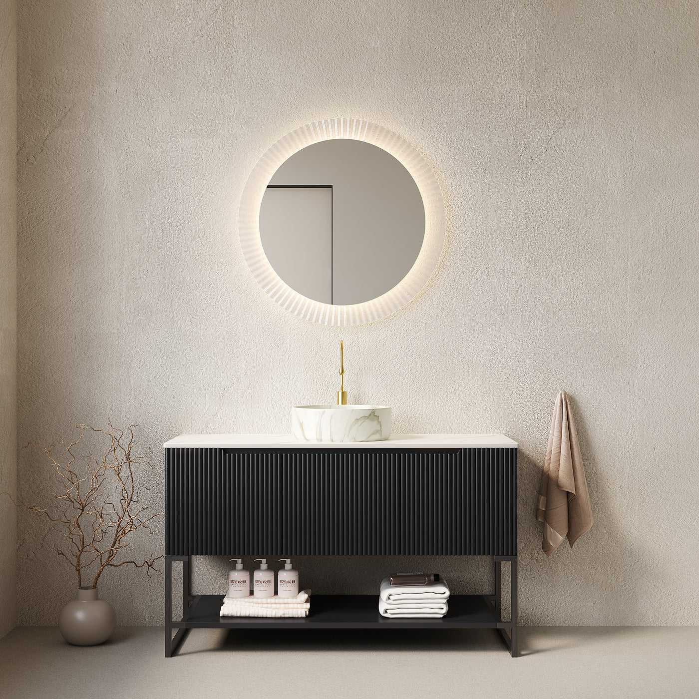 48' Bathroom Vanity with Sink, Freestanding Cabinet 3 Doors Open Shelf Sintered Stone