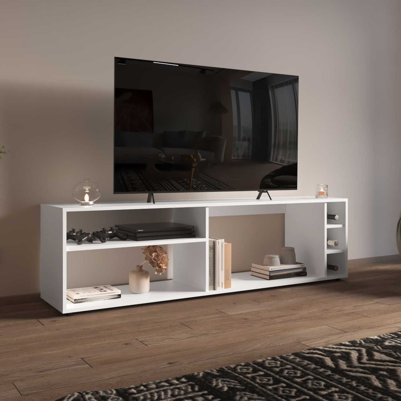 63" TV Stand with Open Shelves and Bottle Cubbies