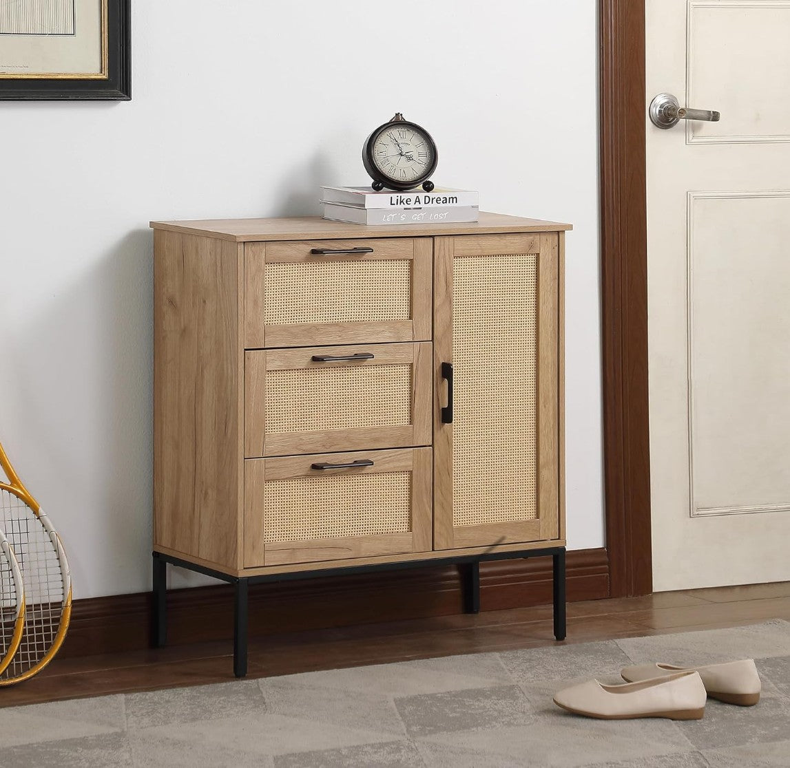 Mid - Century Style Storage Cabinet: 3 Drawers, Rattan Doors