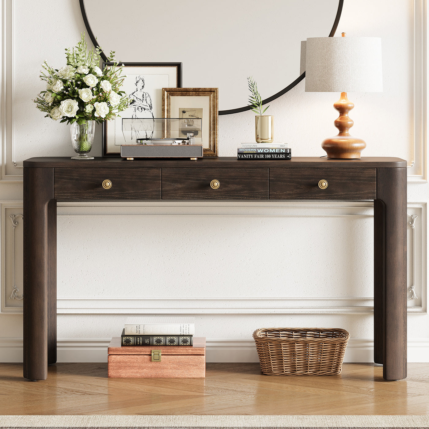 Rustic Console Table with 3 Drawers, Espresso