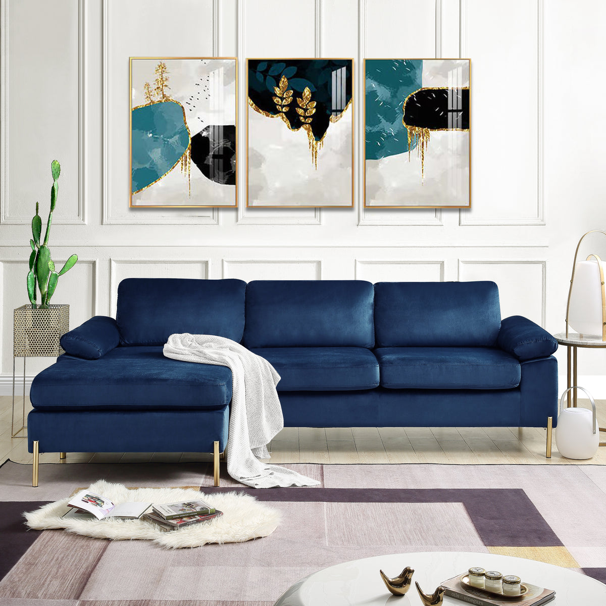 Velvet Chaise Sofa with Chaise Blue 101"