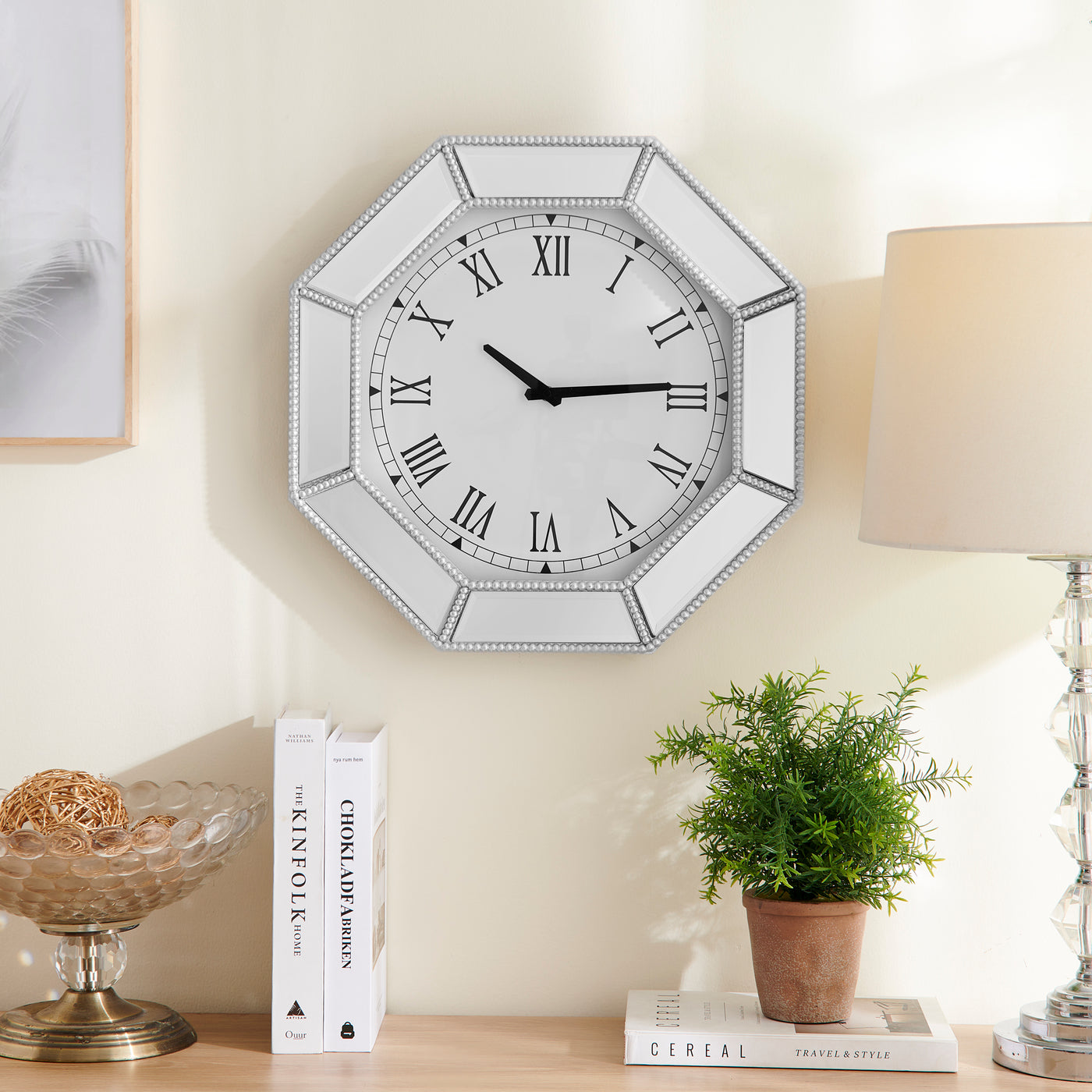 Mirrored Octagonal Wall Clock Silver Beaded Glass 17.7