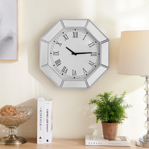 Mirrored Octagonal Wall Clock Silver Beaded Glass 17.7