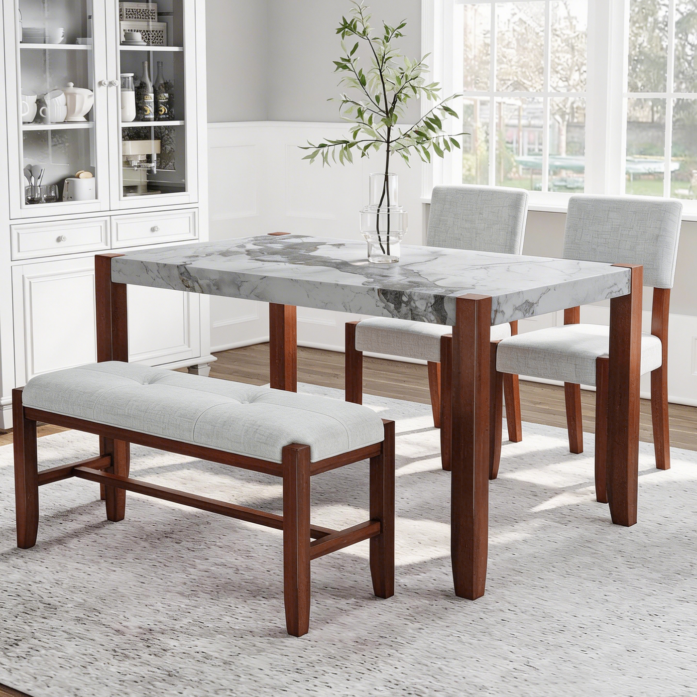 4-Piece Dining Set, 1 Marble-Look Table with 2 Upholstered Chairs and 1 Bench with Solid Rubber Wood Legs, Padded Seat, Curved Backrest, Space-Saving, Dining Room, Beige