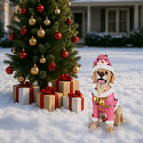 Christmas Labrador Retriever Statue, Holiday Dog Figurine in Pink Santa Outfit