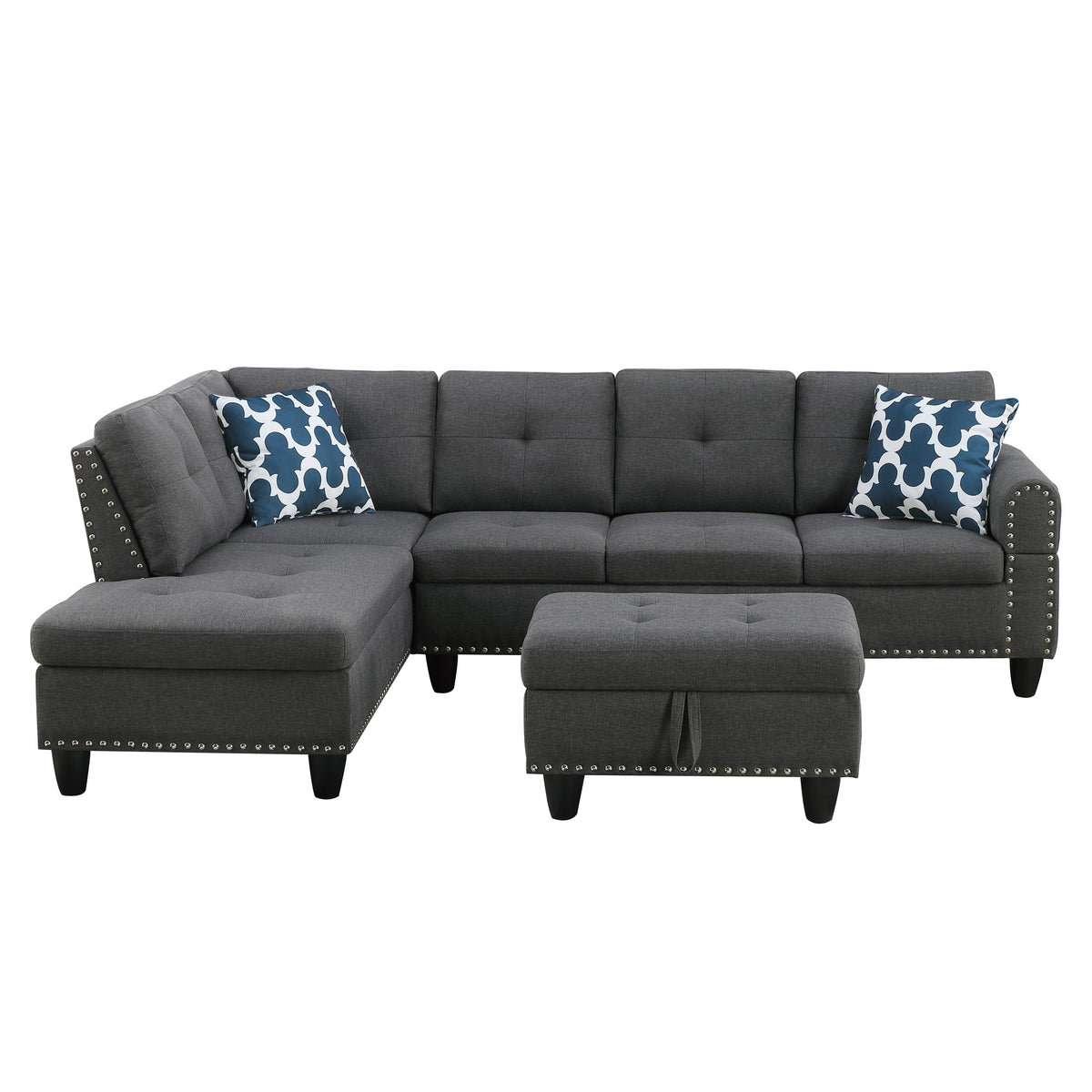 Linen Chaise Sofa with Chaise with Ottoman Dark Gray 98"