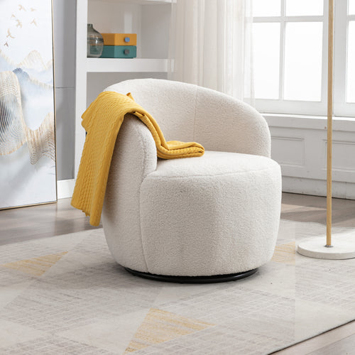 Accent Chair Swivel Barrel Teddy Fabric Ivory Black Ring Base 360 Degree 250 LB