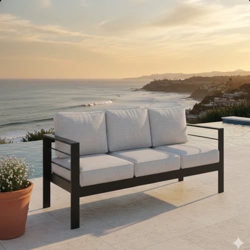 Outdoor Sofa Aluminum Black Light Gray Olefin Cushions 3 Seat 74in