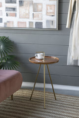 Acacia Wood Side Table Tripod Steel Legs Brown Gold 16x23.5