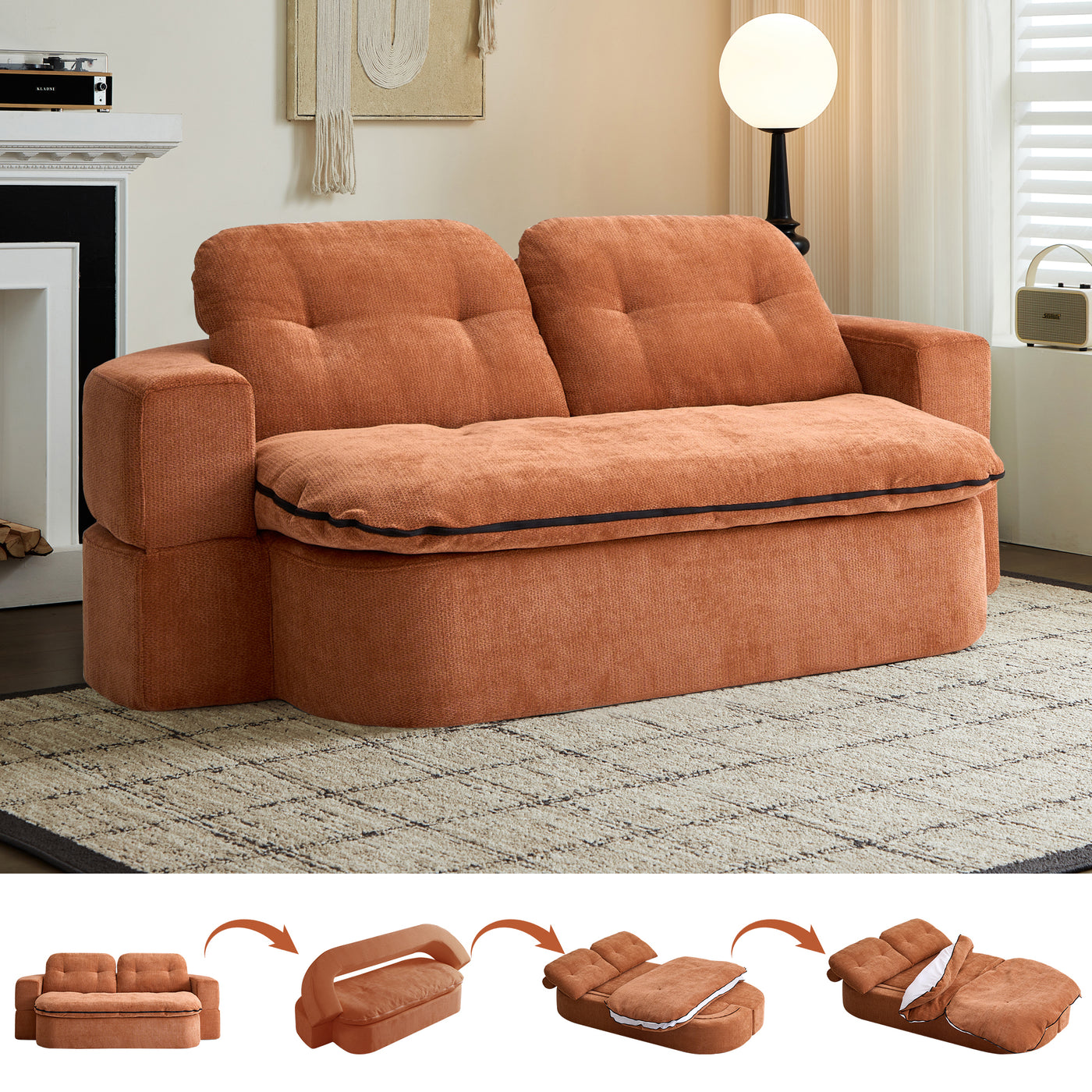 Convertible Corduroy Floor Sofa Bed with Pillows, Foam-Filled