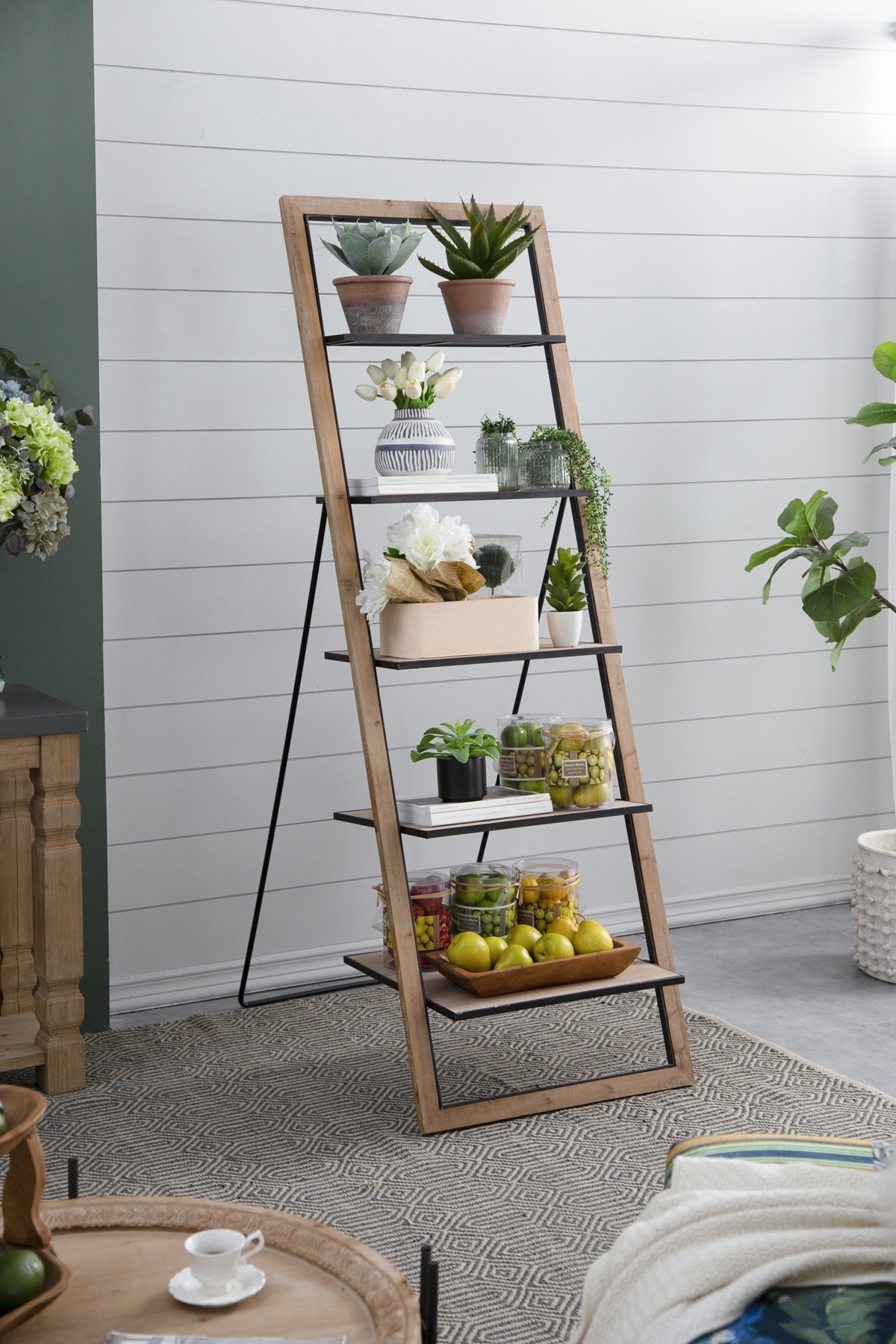 Rustic Wood Ladder Side Table Shelf 72.4" Tall