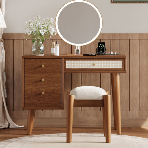 Bohemian Wooden Makeup Vanity Dressing Table 39" Walnut