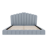 Velvet Upholstered Queen Bed Frame with Shell-Shaped Headboard, Light Blue