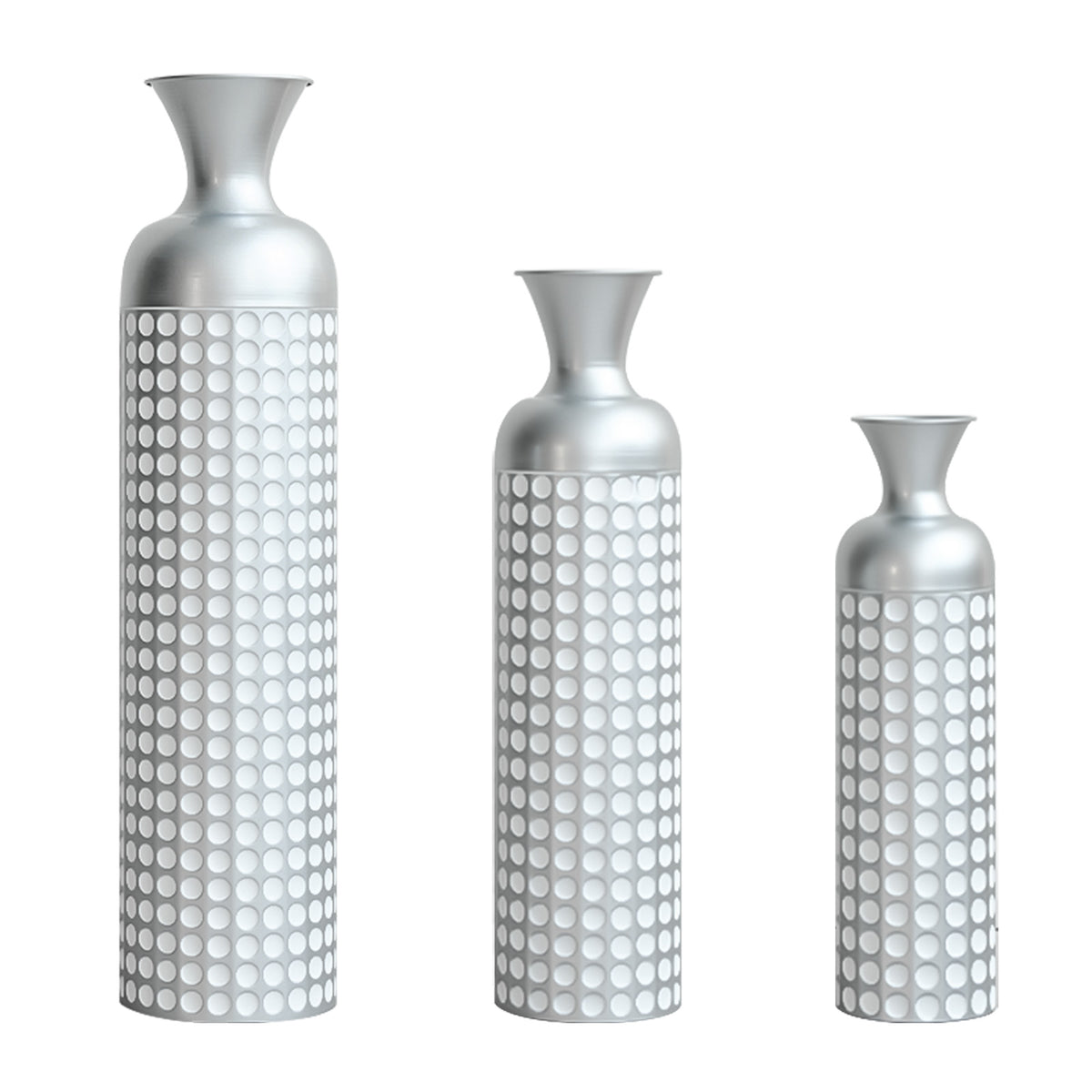 3 Pack Silver Metal Vase Set, Nested Semi-Handcrafted Embossed Vases
