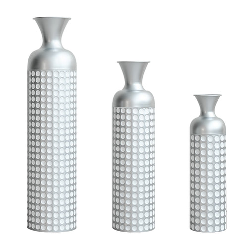 3 Pack Silver Metal Vase Set, Nested Semi-Handcrafted Embossed Vases