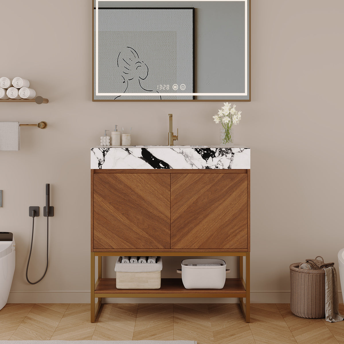 29.9" Modern Free-standing Bathroom Vanity with Ceramic Sink – Brown Oak