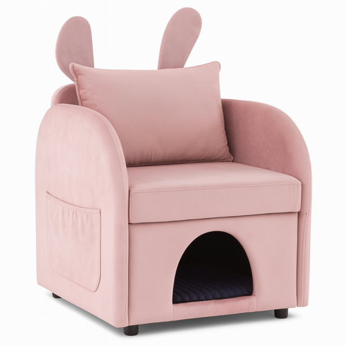 Accent Chair Bunny Ear Velvet Pink Pet Hideaway Cubby Side Pocket 27x25x37 In