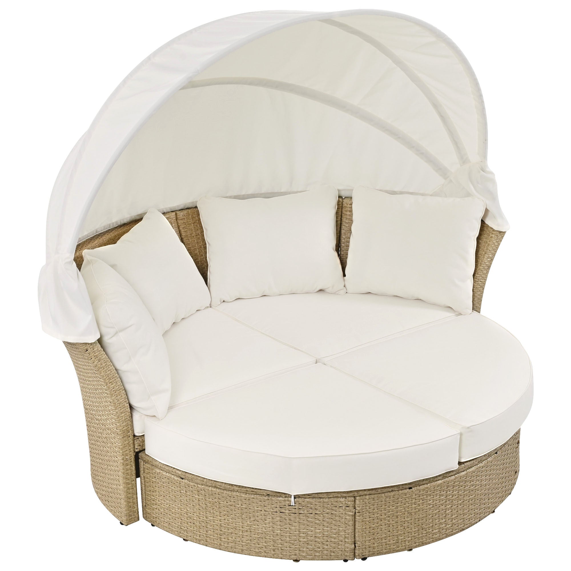Outdoor Patio Daybed Wicker Rattan With Retractable Canopy Beige 4 Pillows