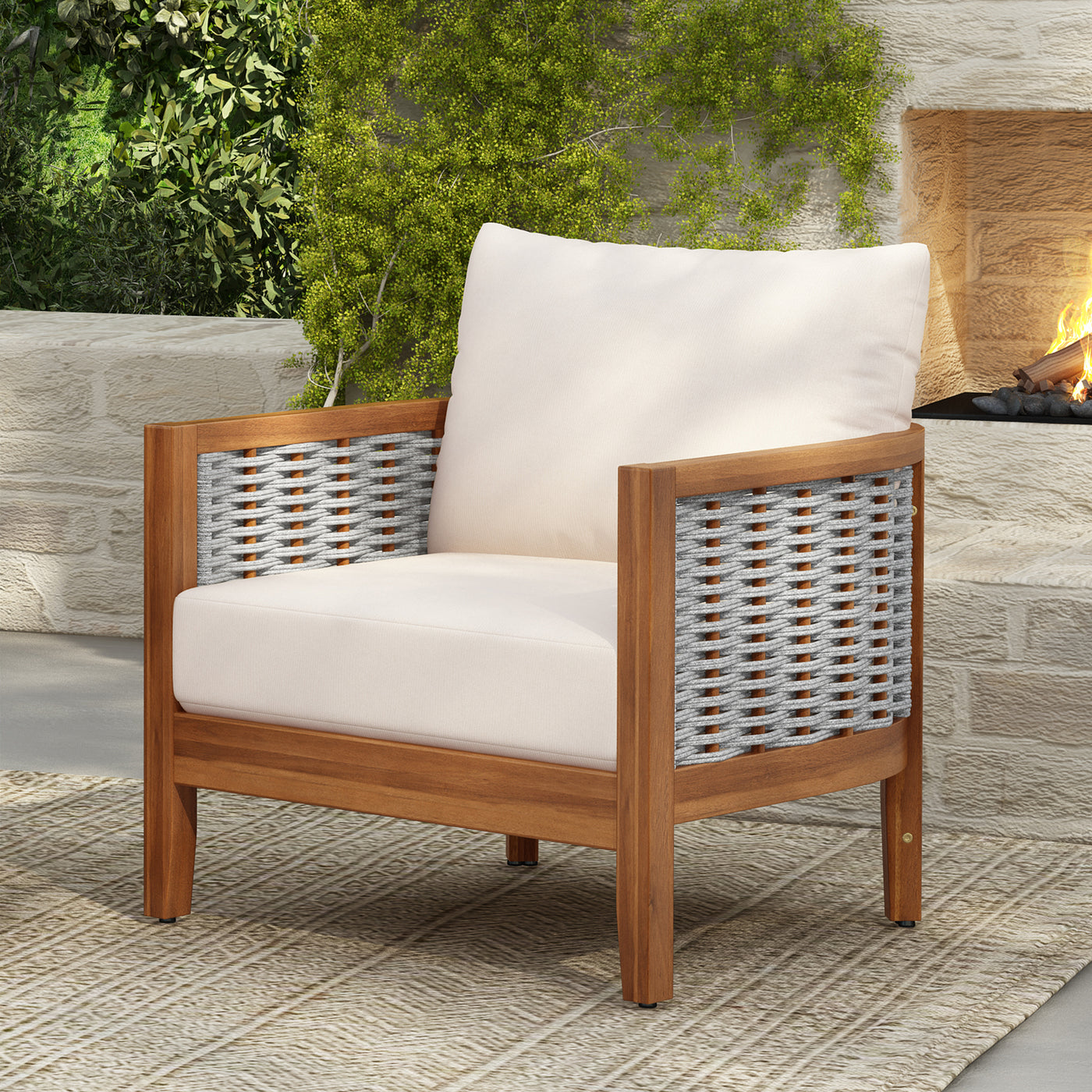 Outdoor Tub Chair Acacia Wood Rope Teak Beige Cushion Deep Seat 27in