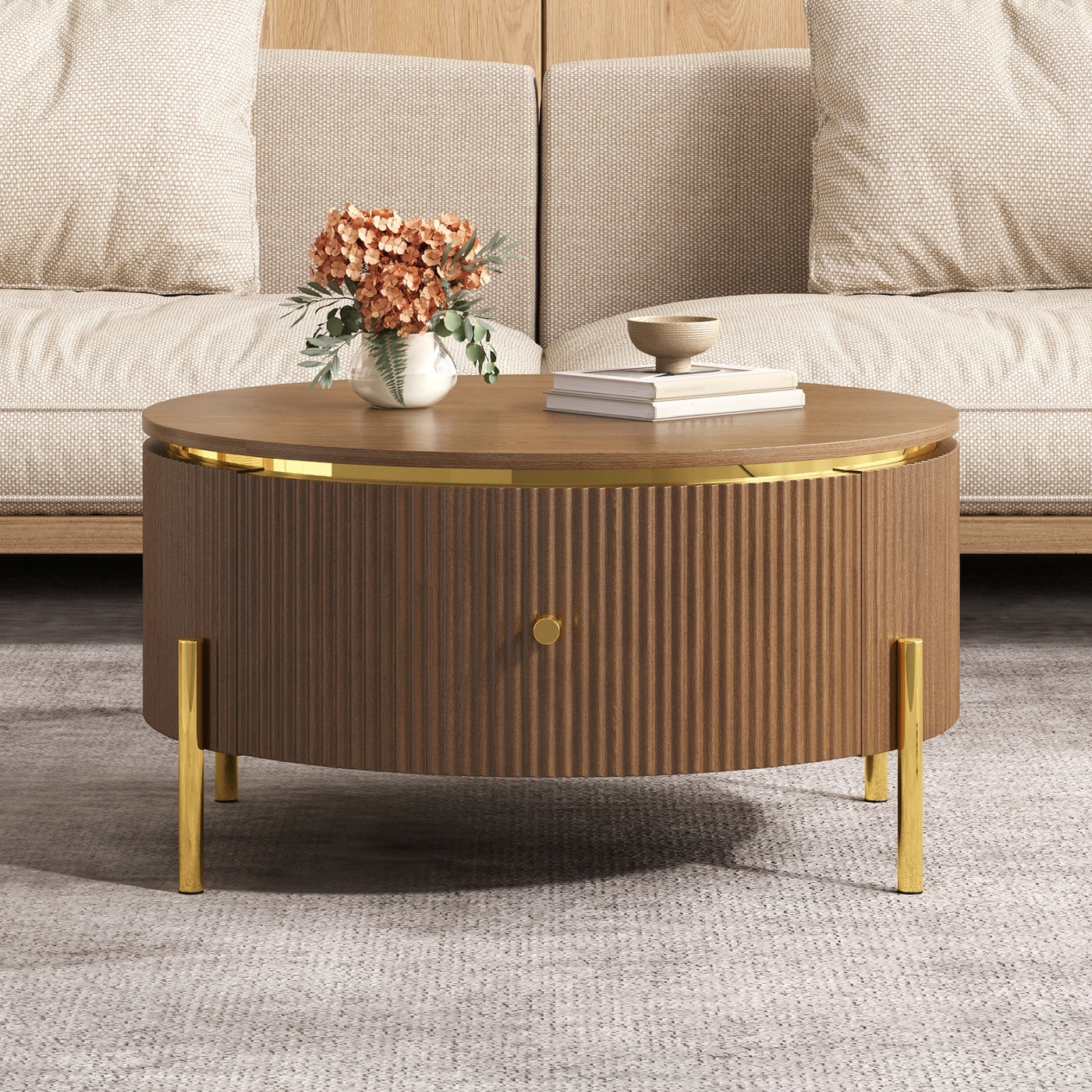 Modern Round Coffee Table with Storage Drawers, Brown, 31.5