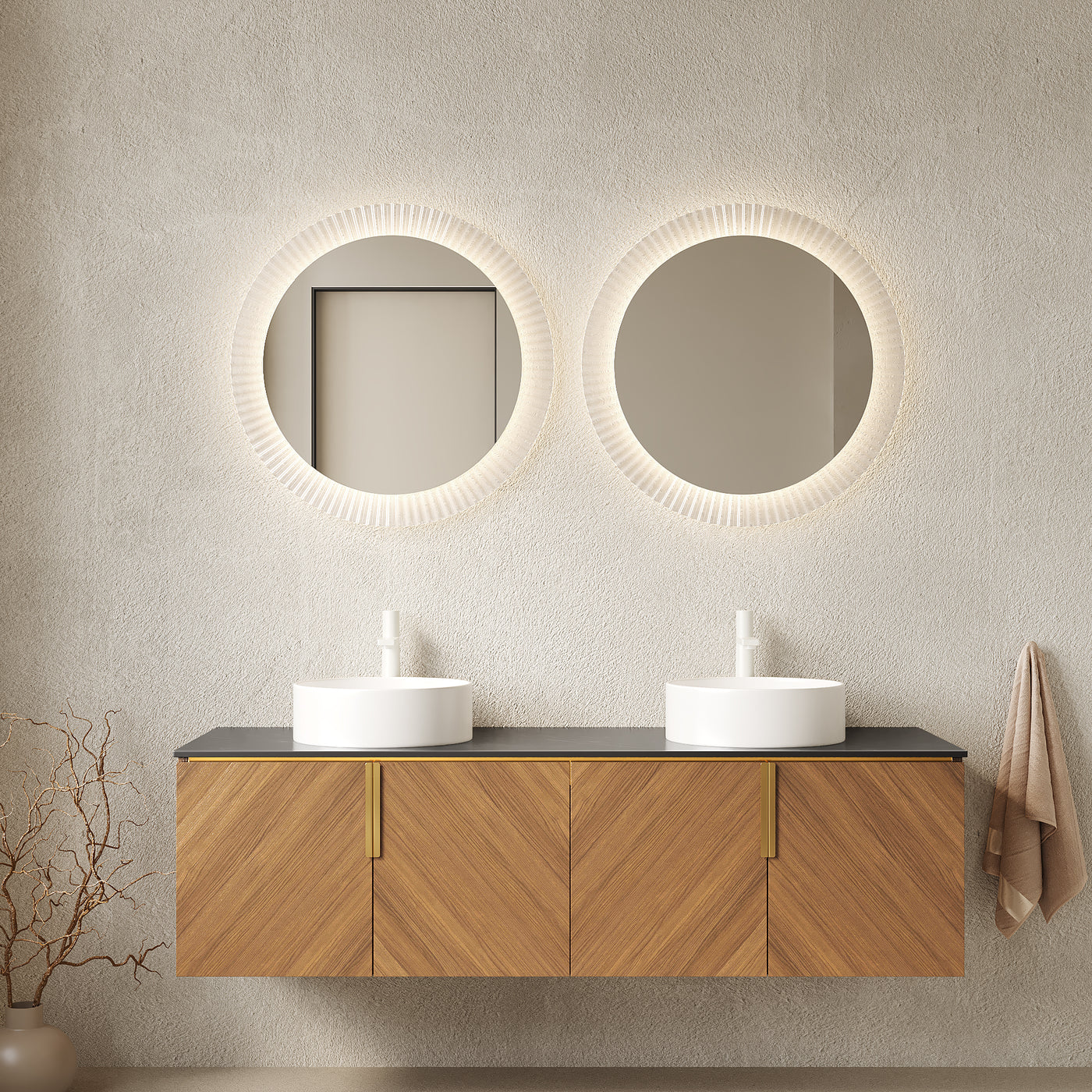 60' Bathroom Vanity with Sinks, Floating Wall-Mounted Plywood 4 Doors Black Stone Top