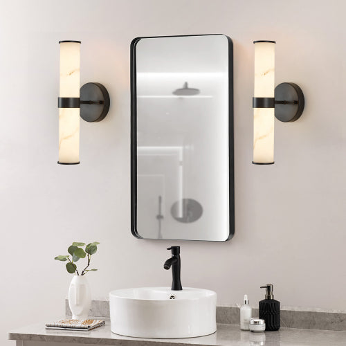Wall Sconce Set of 2 - Faux Marble Resin, Black Iron Frame