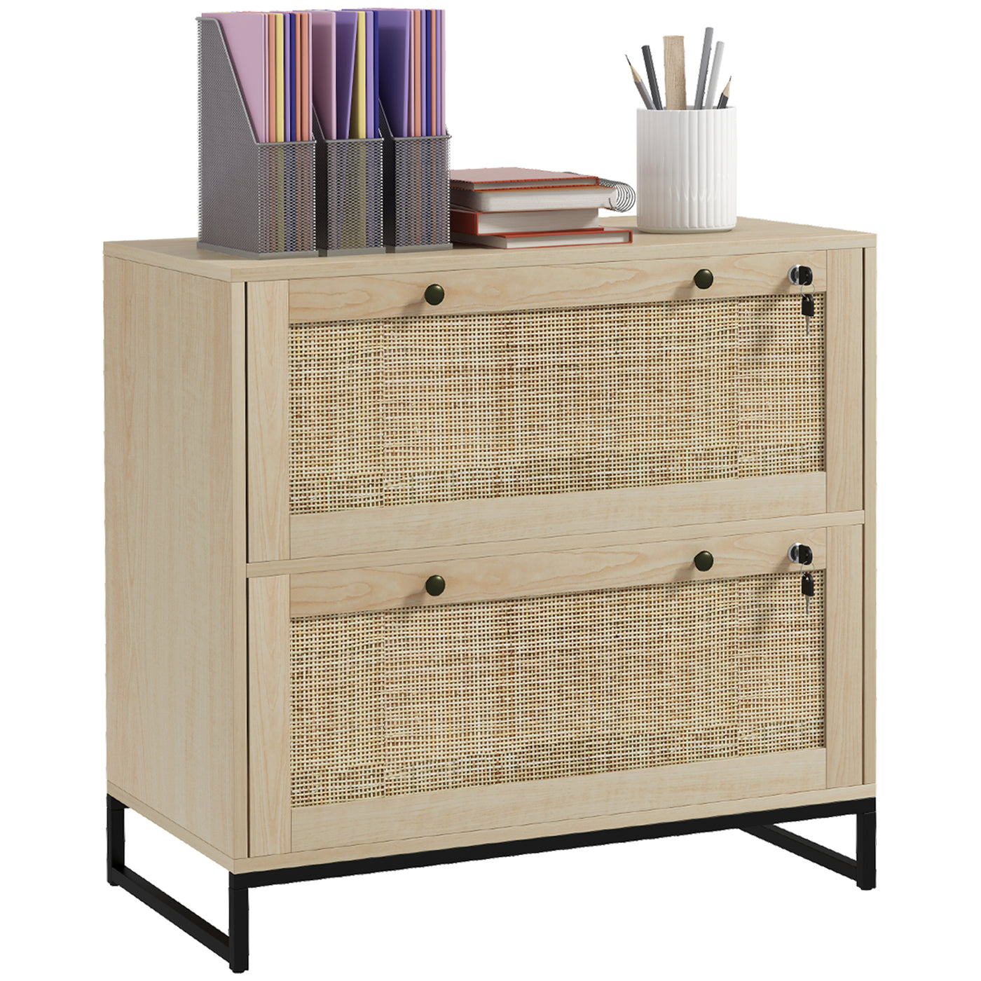 2 Drawer Vertical File Cabinet with Lock and Rattan Drawers