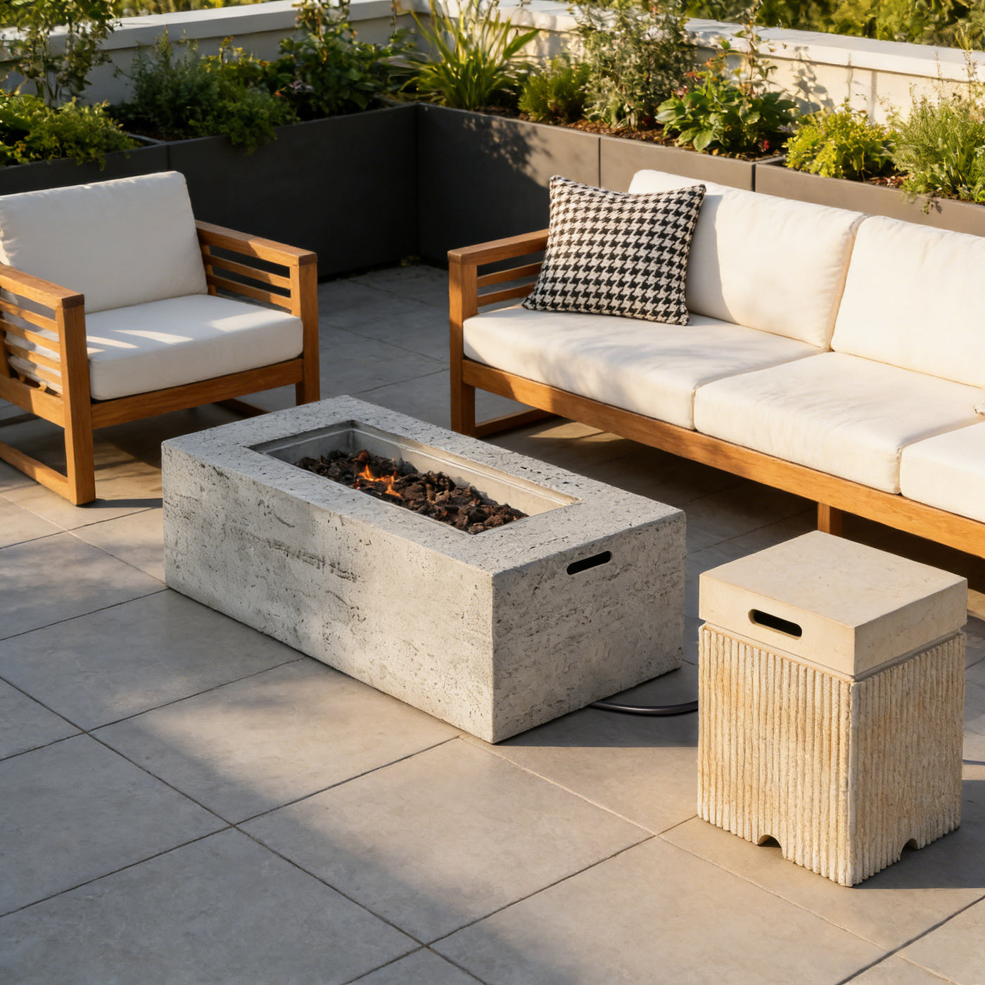 Fire Pit Propane Rectangular MGO Gray 40000 BTU with Tank Cover 41.9 In