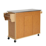 Indoor Bamboo Rolling Kitchen Island with Stainless Steel Top