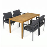 5-Piece Outdoor Patio Dining Set with Acacia Wood Table and Grey Aluminum Chairs with Cushions