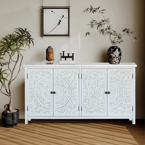 60" White Rustic Wood Sideboard Cabinet with 4 Doors