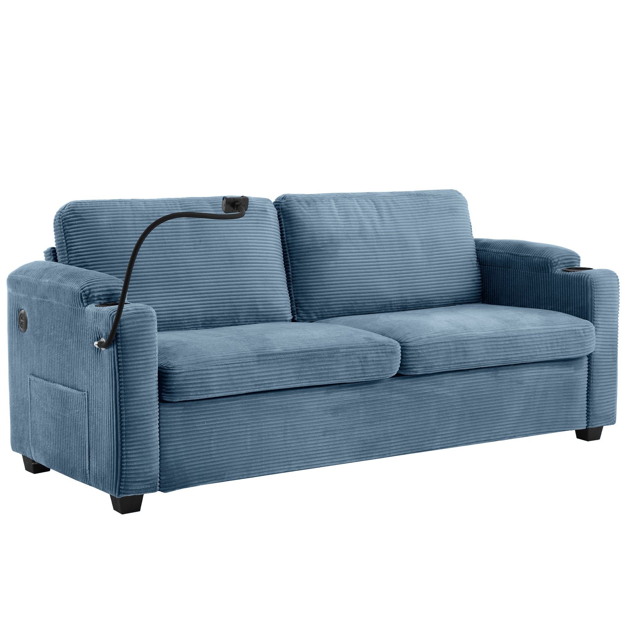 Navy Corduroy Sleeper Sofa Loveseat Full Size Mattress And USB Ports Cupholders