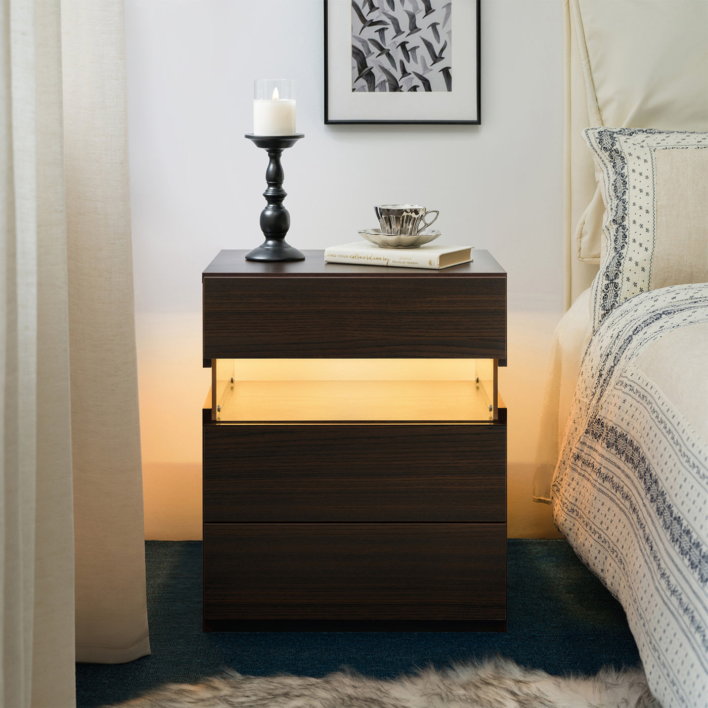 LED Nightstand 3 Drawer Dresser Bedroom End Table Walnut