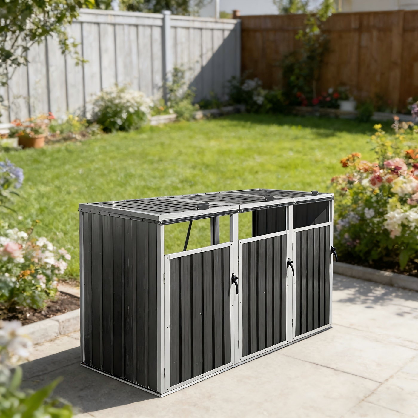 Outdoor Trash Can Shed Galvanized Steel Gray 3 Bin Storage